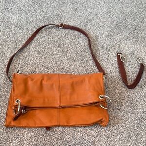 Tan Italian Leather Adjustable Shoulder Bag with Silver Hardware.